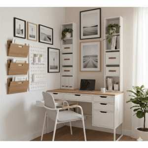 Minimalist desk setup with storage